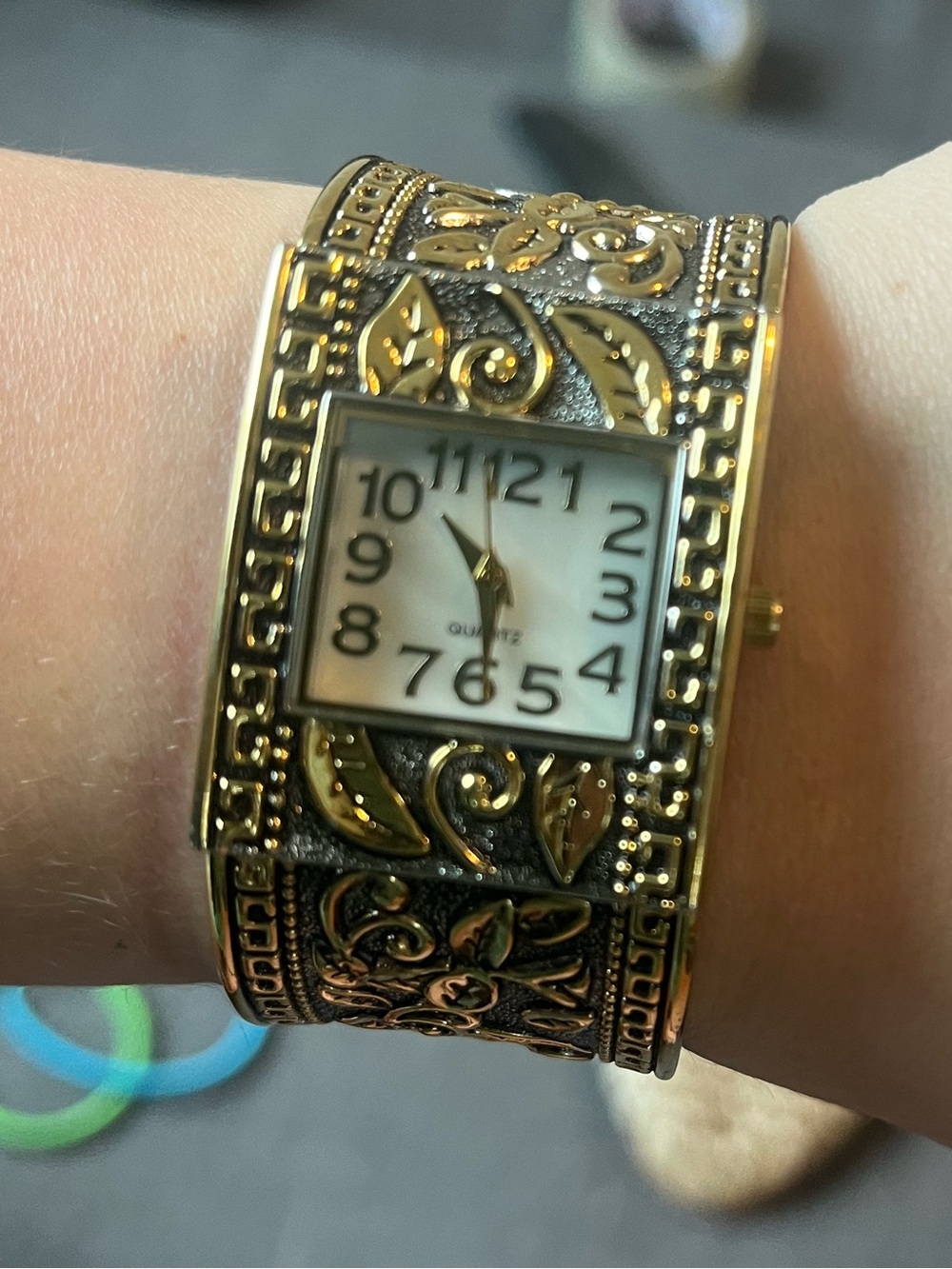 Coldwater Creek Gold Floral Filigree Cuff Watch